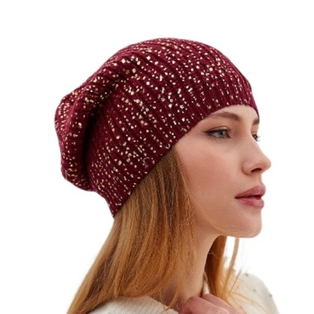 David & Young Knit Long Burgundy Black Ivory Tiny Pompons Stretchy Beanie Hat OS